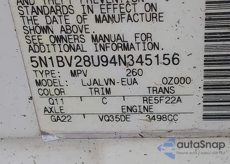 2004 Nissan Quest 3.5 Se z USA, uszkodzony, nr VIN 5N1BV28U94N345156